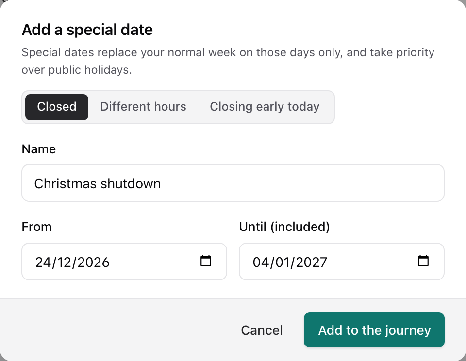 The Add a special date dialog set to Closed, with the name Christmas shutdown and a from and until date