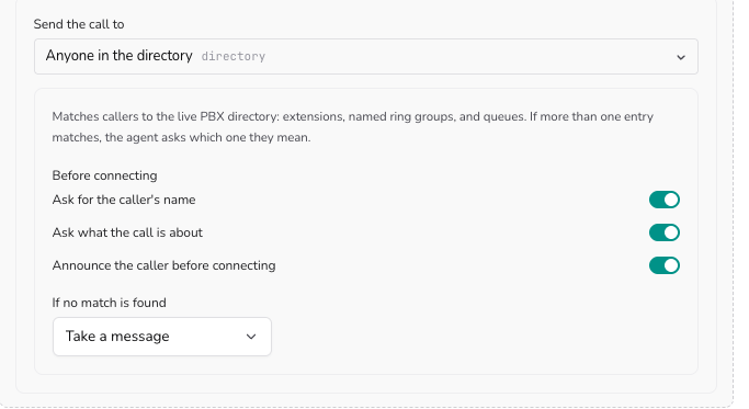 The Anyone in the directory panel: screening toggles and the no-match choice