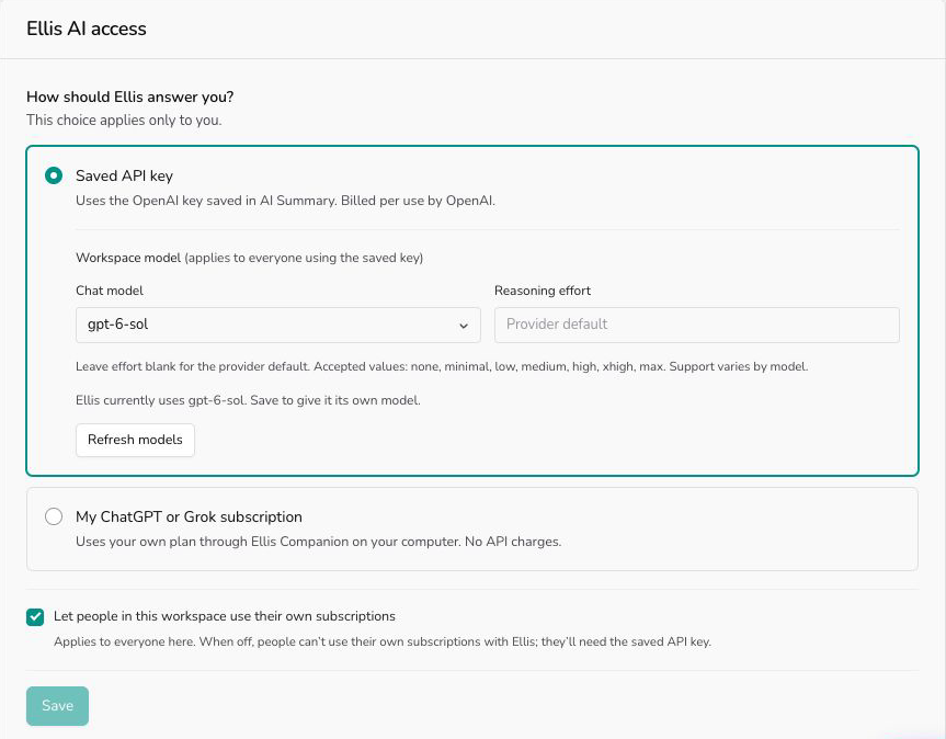 Settings → General → LLM → Ellis AI access