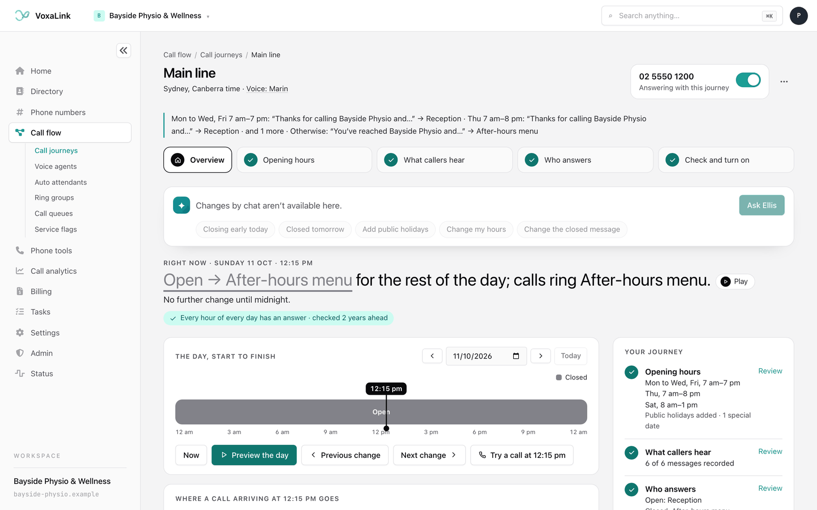 A journey's overview, showing what happens to a call right now, the day timeline and the Your journey summary