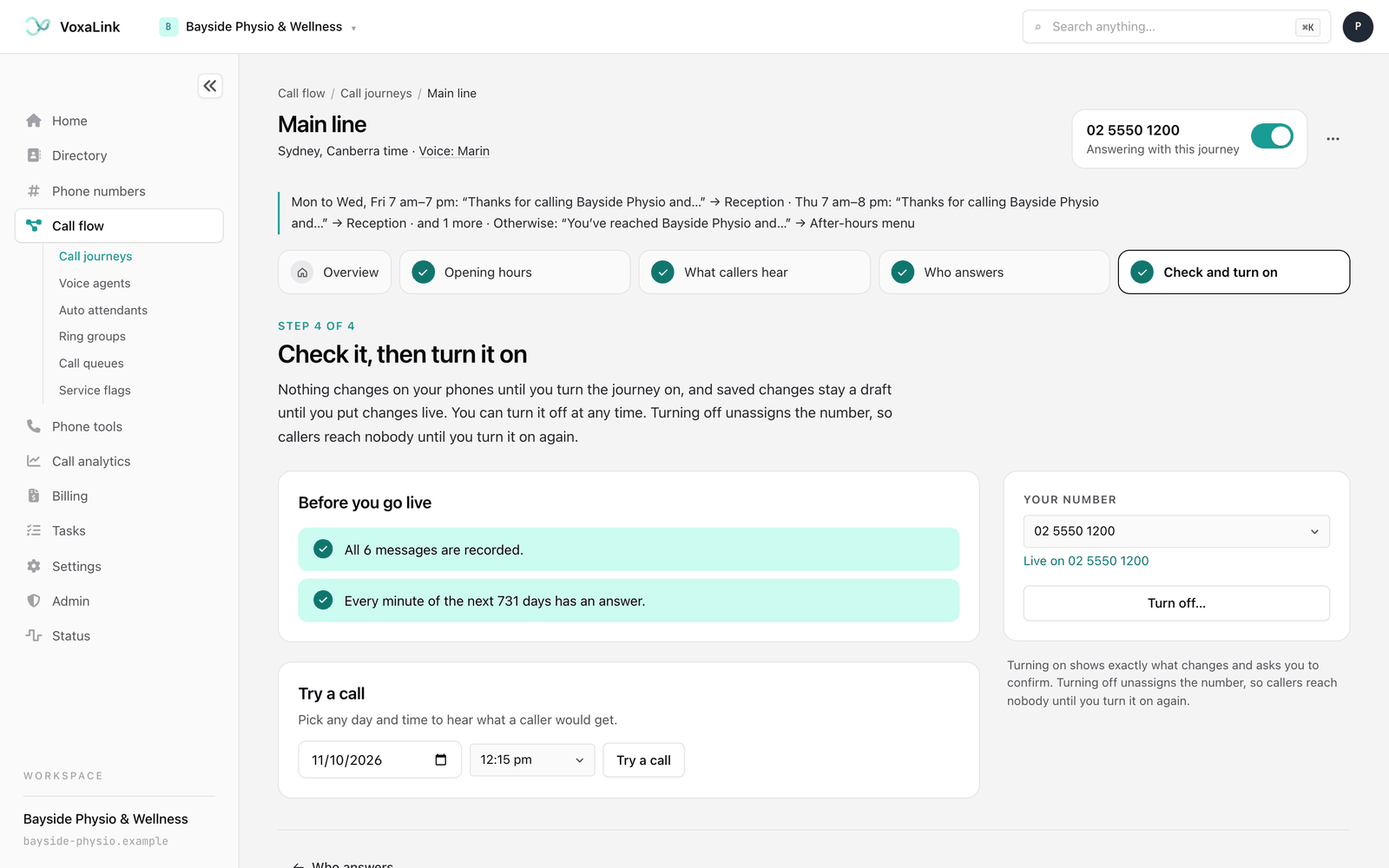 Step 4 with the Before you go live checklist, Try a call, and the Your number card