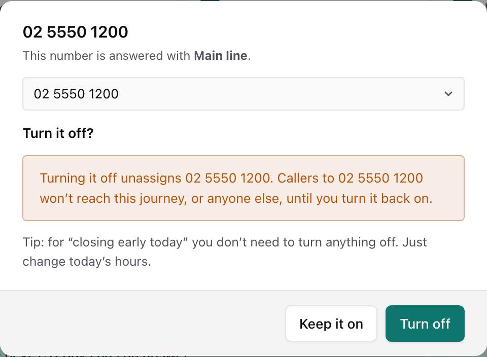 The Turn it off confirmation, warning that turning it off unassigns the number